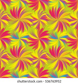 Vivid multicolored seamless pattern with abstract geometrical flowers.