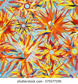 Vivid multicolored seamless pattern with abstract geometrical flowers.