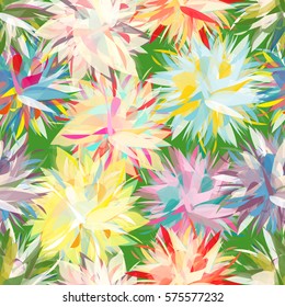 Vivid multicolored seamless pattern with abstract geometrical flowers.