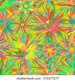 Vivid multicolored seamless pattern with abstract geometrical flowers.