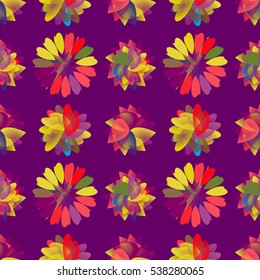 Vivid multicolored seamless pattern with geometrical flowers.