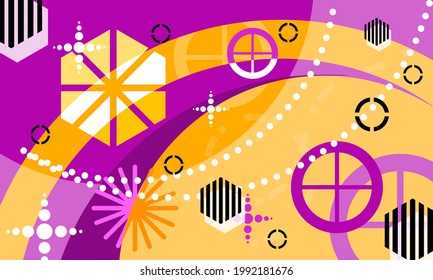 Vivid Neo-Memphis background featuring curved bands, striped hexagons, starbursts, dotted trails, and circular targets in bright purples, oranges, pinks