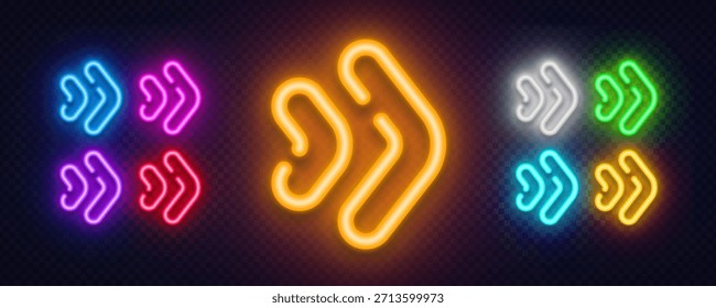 A vivid neon arrow set featuring a large central symbol surrounded by smaller glowing icons. The colorful layout works perfectly for navigation, highlights or digital interfaces.