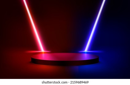 Vivid neon light in dark interior with podium. 3d vector illustration 