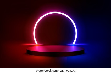 Vivid neon light in dark interior with podium. 3d vector illustration 