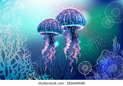 Vivid neon light illustration of jellyfish 