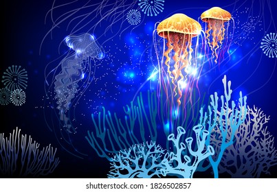 Vivid neon light illustration of jellyfish 