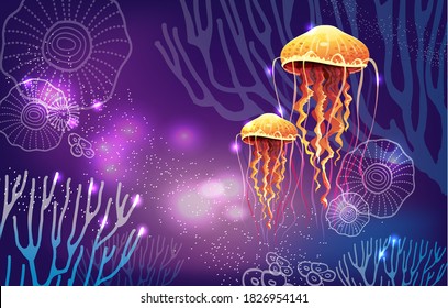 Vivid neon light illustration of jellyfish 