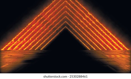 Vivid neon lines Fire cycle animation. Wet asphalt, night view. Bright reflection on concrete floor. Night empty stage, studio. Dark background. Vector illustration