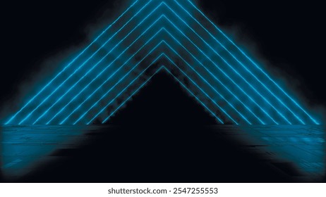 Vivid neon lines Fire cycle animation. Wet asphalt, night view. Bright reflection on concrete floor. Night empty stage, studio. Dark background. Vector illustration