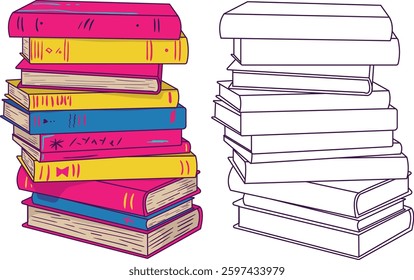 Vivid neon and outline book stacks vector illustrations - educational, library and reading concept for book lovers, learning and literary design