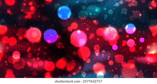 Vivid neon seamless bg with overlay bokeh effect and noise texture. Red and blue siren gradient mesh vector illustration. Blurred wallpaper