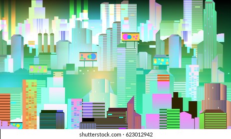 Vivid Night City with Neon Glow - Vector Illustration