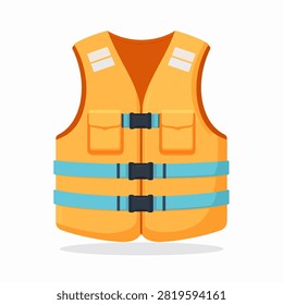 A vivid orange life vest featuring adjustable blue straps, designed for safety and visibility during water activities and emergencies.