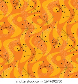 Vivid orange liquid geometric atomic style seamless pattern for background, wrap, fabric, textile, wrap, surface, web and print design. Fun dynamic vintage vibes repeatable motif
