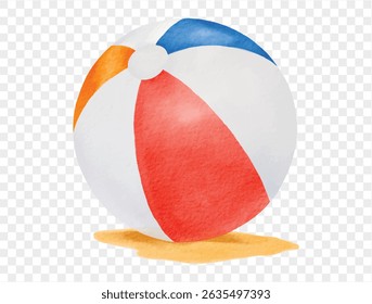 Vivid orange and red beach ball with blue segment resting on sand, perfect for summer leisure themes.vector