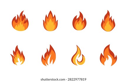 Vivid orange and red flames dance brightly set. Vector icon