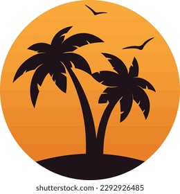vivid orange sky, palm tree silhouette and flying birds. tropical vector illustration