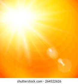 Vivid Orange Sunburst With Sun Flare From Gases Depicting The Heat Of A Hot Tropical Summer Sun, Or A Colorful Sunset Or Sunrise, Vector Illustration