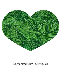 Vivid Ornamental Heart in green. Ink drawing heart with wave pattern. Doodle Style hand drawn Vintage ornate design element for Valentine's Day or Wedding and ecofood. Stock Vector.  Colorful. 