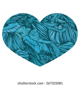 Vivid Ornamental Heart in greenish-blue. Ink drawing heart with wave pattern. Doodle Style hand drawn Vintage ornate design element for Valentine's Day or Wedding. Stock Vector. Colorful. 