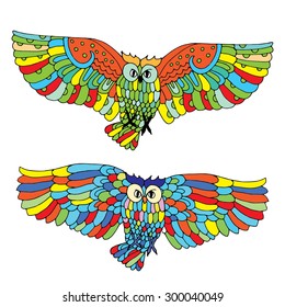 Vivid owl variations - owl fly illustration on simple white background