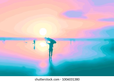 Vivid pastel colors vector sunset beach surfing poster
