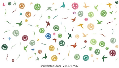 Vivid pattern featuring multicolored birds and flower motifs with flowing shapes ideal for craft backgrounds and artistic accessories
