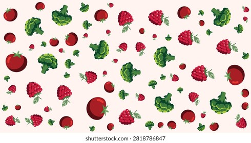 Vivid pattern featuring red raspberries fresh broccoli florets and cherries on a white background ideal for food related projects and healthy eating visuals