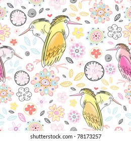 vivid pattern of flowers and love herons
