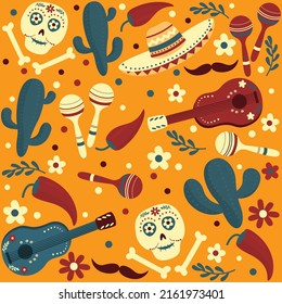 vivid pattern with mexican culture attributes. Human skull with bones, guitar, cactus, sombrero and chilli pepper