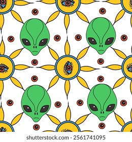 A vivid pattern with playful aliens and intriguing eye motifs, ideal for your unique creative projects