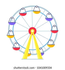 Vivid picture of Ferris Wheel with lots of colorful cabs for amusement park or playground for children. Isolated vector illustration on white backfit.