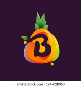 Vivid Pineapple fruit with Letter B negative space logo. Vector tropical font can be used for vegetarian company style, ecology presentation, exotic summer card or tasty posters.