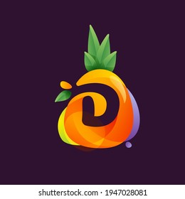 Fruto de piña Vivid con el logotipo de espacio negativo de la letra D. El tipo de letra vectorial tropical se puede usar para el estilo de la empresa vegetariana, presentación ecológica, tarjeta de verano exótica o afiches deliciosos.