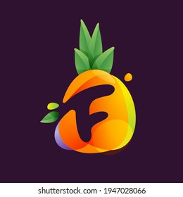 Vivid Pineapple fruit with Letter F negative space logo. Vector tropical font can be used for vegetarian company style, ecology presentation, exotic summer card or tasty posters.