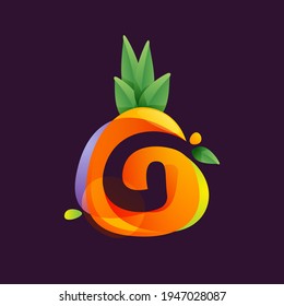 Vivid Pineapple fruit with Letter G negative space logo. Vector tropical font can be used for vegetarian company style, ecology presentation, exotic summer card or tasty posters.