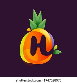 Vivid Pineapple fruit with Letter H negative space logo. Vector tropical font can be used for vegetarian company style, ecology presentation, exotic summer card or tasty posters.