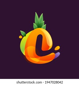 Vivid Pineapple fruit with Letter L negative space logo. Vector tropical font can be used for vegetarian company style, ecology presentation, exotic summer card or tasty posters.