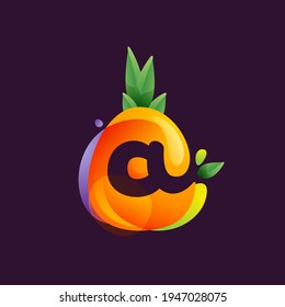 Vivid Pineapple fruit with Letter A negative space logo. Vector tropical font can be used for vegetarian company style, ecology presentation, exotic summer card or tasty posters.