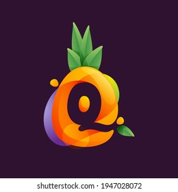 Vivid Pineapple fruit with Letter Q negative space logo. Vector tropical font can be used for vegetarian company style, ecology presentation, exotic summer card or tasty posters.