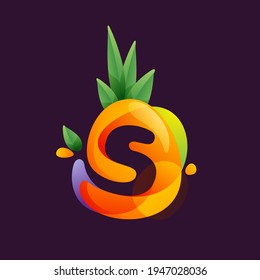 Vivid Pineapple fruit with Letter S negative space logo. Vector tropical font can be used for vegetarian company style, ecology presentation, exotic summer card or tasty posters.