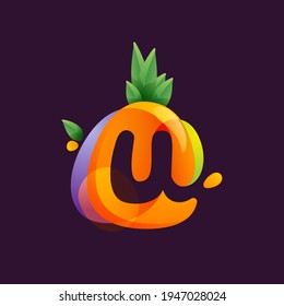 Vivid Pineapple fruit with Letter U negative space logo. Vector tropical font can be used for vegetarian company style, ecology presentation, exotic summer card or tasty posters.