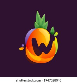 Vivid Pineapple fruit with Letter W negative space logo. Vector tropical font can be used for vegetarian company style, ecology presentation, exotic summer card or tasty posters.