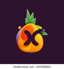 Vivid Pineapple fruit with Letter X negative space logo. Vector tropical font can be used for vegetarian company style, ecology presentation, exotic summer card or tasty posters.