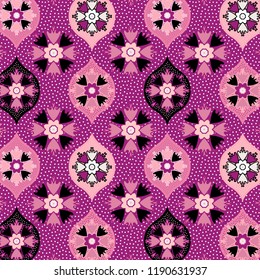 vivid pink and magenta decorated and textured ogee and floral pattern for textile, fabric, backgrounds, backdrops and creative surface designs. pattern swatch at eps. file