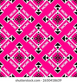 Ein lebendiges rosa thailändisches Muster im Mond-Stil mit schwarz-weißen geometrischen Details. Der auffallende Kontrast und die symmetrische Anordnung machen es ideal für moderne ethnische Mode, Textilien und dekorative Projekte.