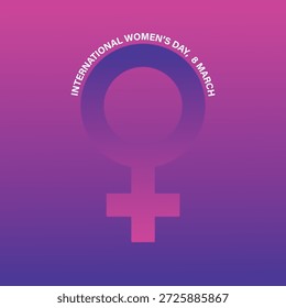 Um design de gradiente rosa e roxo vibrante apresenta um símbolo feminino proeminente e texto comemorando o Dia Internacional da Mulher em 8 de março.