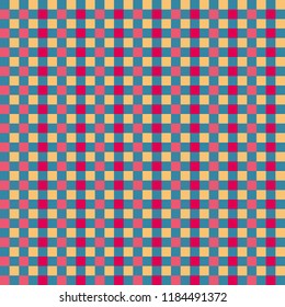 Vivid pink, red, yellow and blue colored check pattern, seamless vector repeat. Trendy minimal background. Great for apparel design, scrapbooking, packaging, gift wrapping paper etc. 