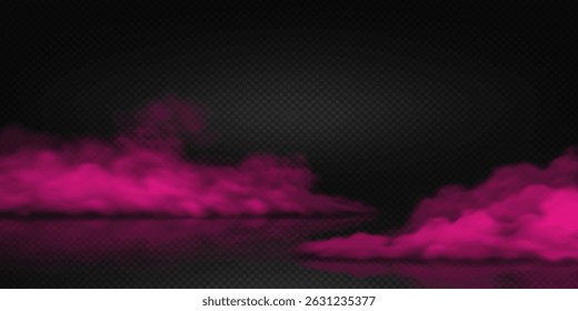 Vivid pink smoke on floor cloud on dark transparent backdrop enhancing abstract visuals. Perfect for design projects with modern and futuristic themes, creating dynamic and colorful effects.